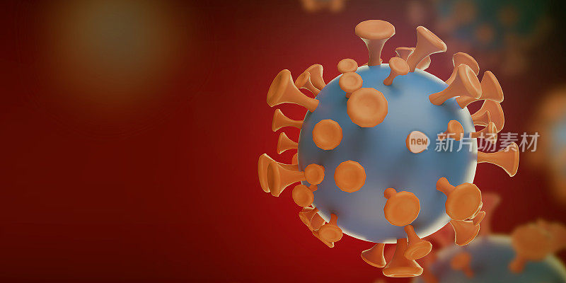 3D渲染病毒Covid -19和RNA病毒，冠状病毒，Covid - 19-NCP。冠状病毒nCoV在红色背景下分离。3 d演示。